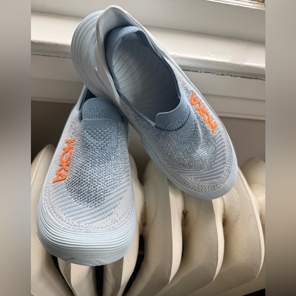 HOKA Women's Restore Slip-On Knit Running Shoes — Light Blue/Orange Accents 8